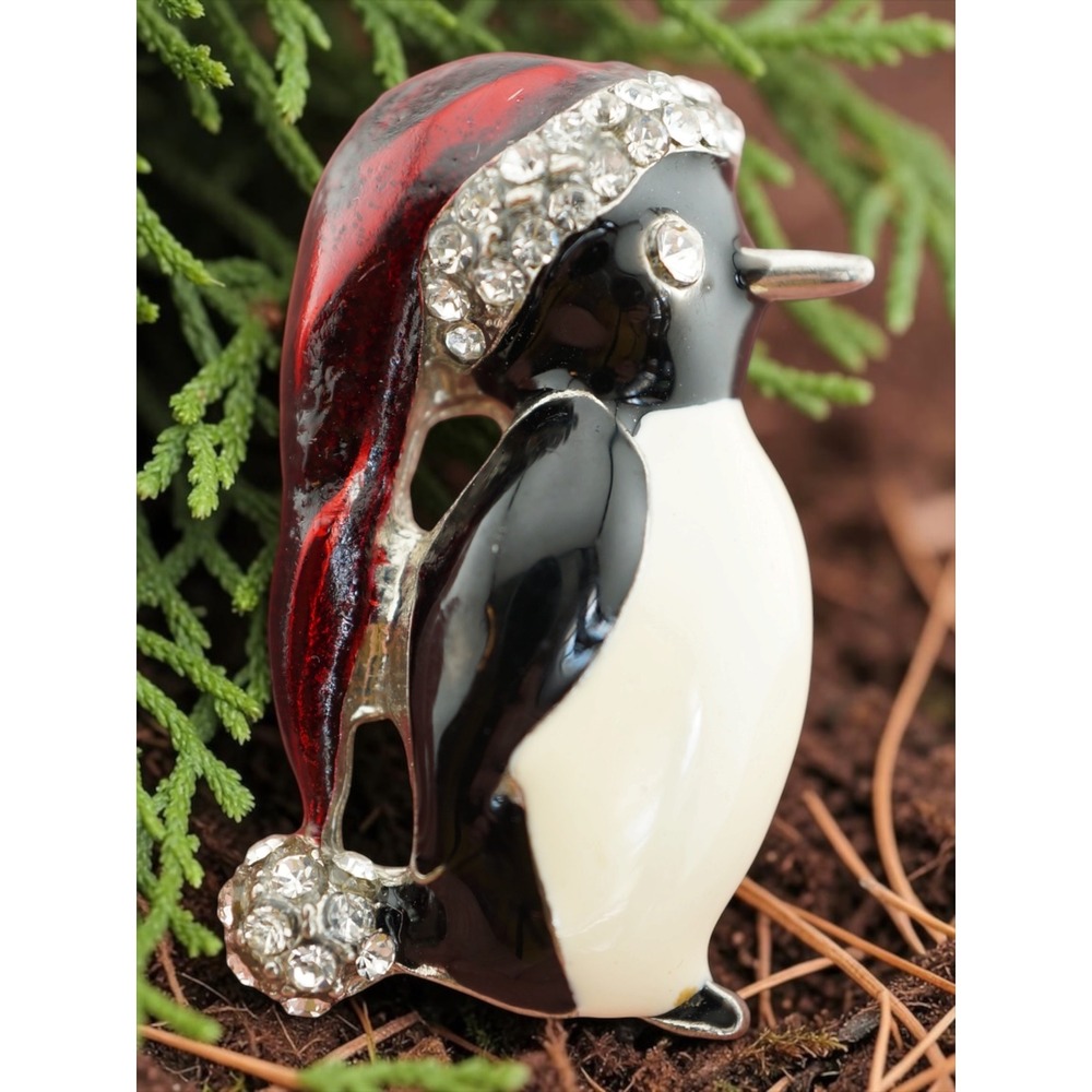 Penguin Brooch Silver Tone Red Black Enamel Rhinestone Trim Santa Hat Holiday